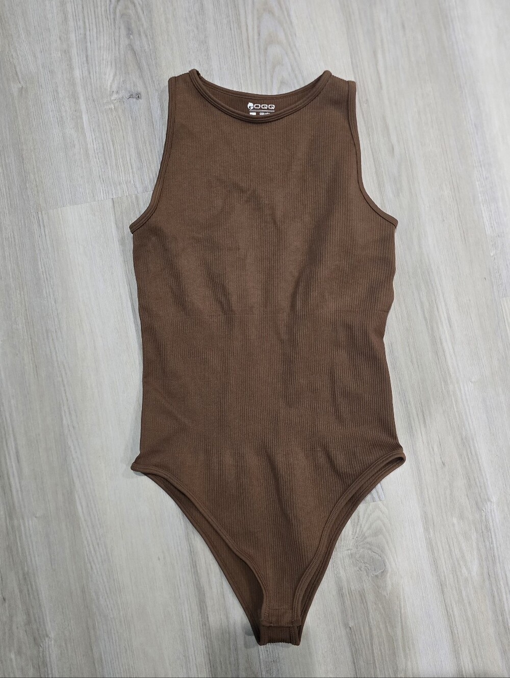 OQQ Brown Ribbed One Piece Bodysuit Snap Accent Stretch Women Size L